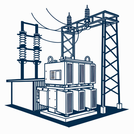 A clear vector illustration detailing the structural system of a high voltage substation, representing electrical power infrastructure.のイラスト素材