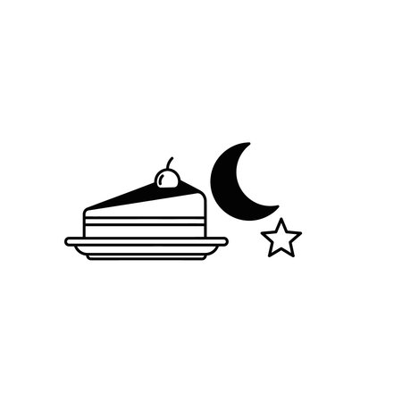 A simple line icon representing a celebratory slice of cake alongside a crescent moon and star,...