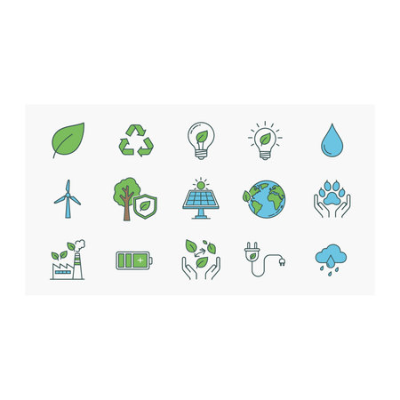 A vibrant set of flat design icons representing green living and environmental consciousness,...