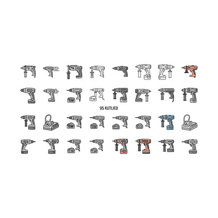A diverse set of electric power tool icons including drills, drivers, and batteries for construction...