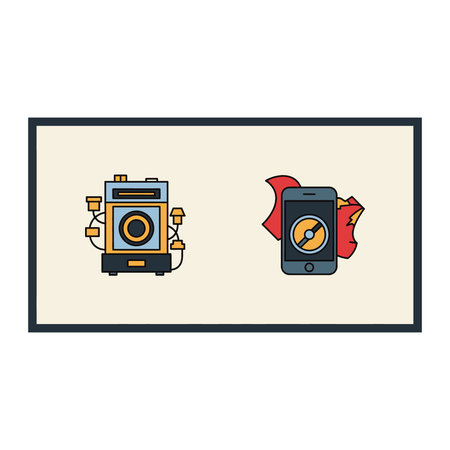 A vintage-style camera with creative accessories and a smartphone with a compass and superhero cape,...
