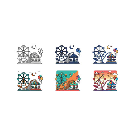 the image shows six small illustrations arranged in two rows of three, each depicting a different scene with vibrant colors and abstract shapes, possibly representing various themes or environmentsのイラスト素材