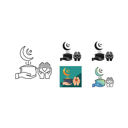 A collection of stylized icons featuring the Islamic crescent moon symbol, hands in prayer, and mosque elements for religious and cultural themes.のイラスト素材