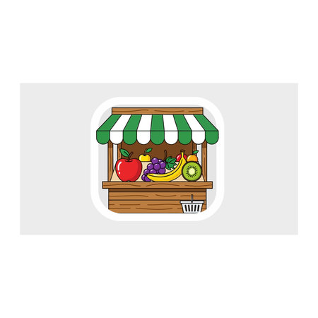 A vibrant pixel art illustration of a small fruit stand with a striped green and white awning, showcasing an assortment of fresh produce.のイラスト素材