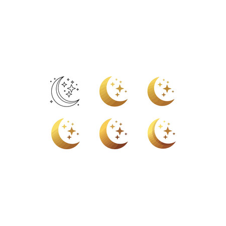 A set of six stylized golden graphics featuring crescent moons, some with stars, presented on a white background, ideal for Ramadan or Islamic themed designs.のイラスト素材