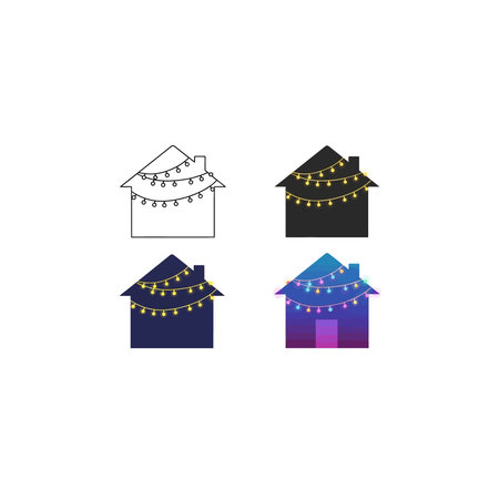 A set of four stylized house icons decorated with colorful fairy lights, offering variations in outline, solid color, and gradient for festive occasions.のイラスト素材