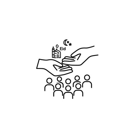 a line drawing of two hands cupped together holding a small house with a family and a satellite dish...