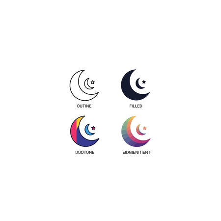 this image shows four different logo designs for a crescent moon brand or product. the logos are arranged in two rows of two. the top row features a line drawing of a crescent moon with a star and a filled crescent moon with a star. the bottom row features a duotone crescent moon with a star and a multicolor crescent moon with a star. each logo has a unique design style.のイラスト素材