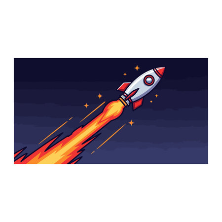 A pixel art depiction of a retro rocket ship accelerating upwards through a dark, starry night sky,...