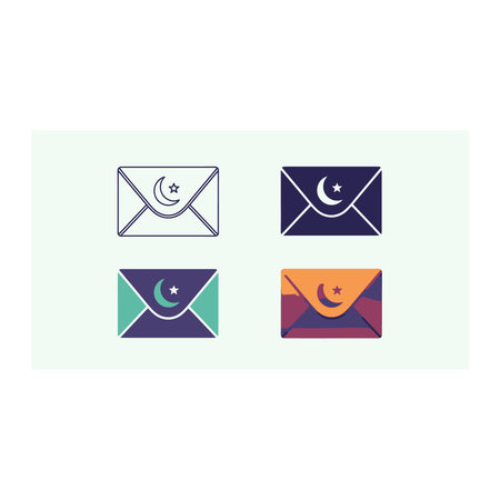 A collection of stylized envelopes featuring Islamic crescent moon symbols in various colors and...