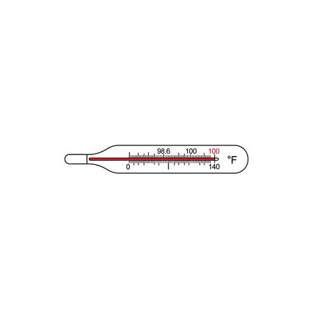 a digital illustration of a thermometer with a red liquid column rising to indicate a temperature...