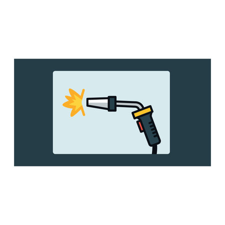 The image depicts a cartoon-style illustration of a welding torch. The torch has a black handle with...
