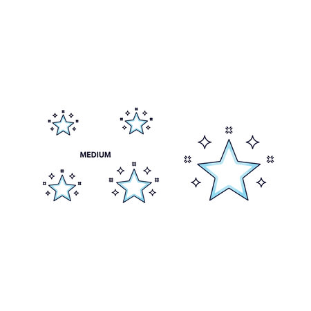 A set of five stylized star icons with glowing blue outlines and sparkling effects, presented in a...
