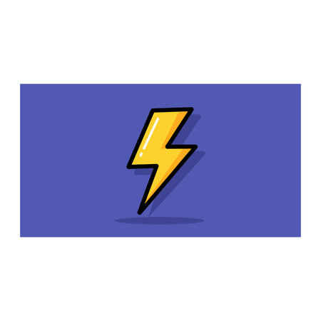 a yellow cartoon lightning bolt with a black outline and a shadow underneath, set against a blue background with a white section at the bottomのイラスト素材