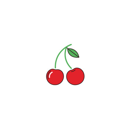 A charming and simple vector illustration of two bright red cherries attached to a vibrant green...