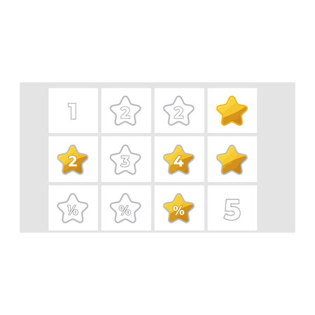 A grid displaying a rating system from one to five stars. Includes outlines and fully golden stars,...
