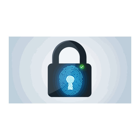 A modern illustration of a padlock featuring a glowing fingerprint scanner, symbolizing advanced...