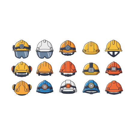 A vibrant display of various construction hard hats in different colors and styles, highlighting...