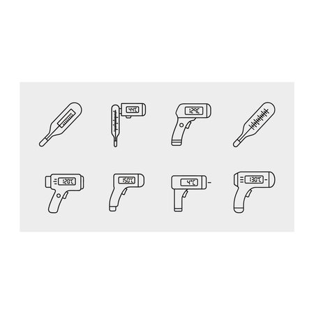 A detailed line art collection showcasing multiple types of thermometers, from traditional to modern infrared forehead and gun-style measurement devices.のイラスト素材