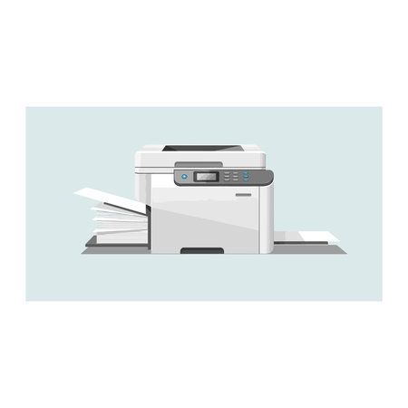 A clean vector illustration of a modern multifunction office printer or copier with a stack of paper...
