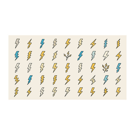 A grid layout featuring multiple small lightning bolt symbols in various colors on a cream...