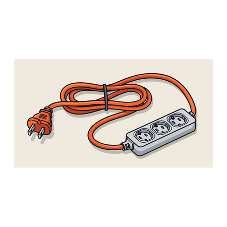 An isometric illustration showing an orange extension cord neatly coiled and connected to a grey...