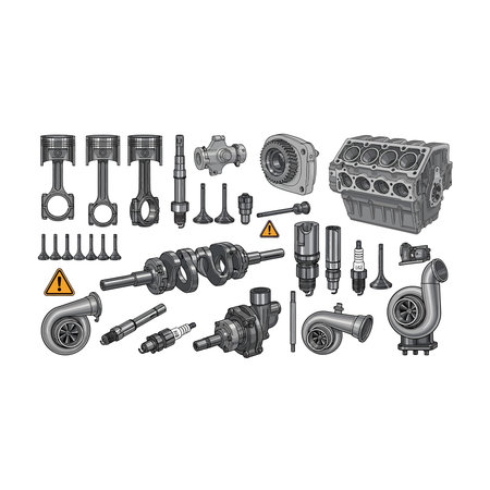 A detailed illustration showcasing a variety of car engine components, including pistons,...