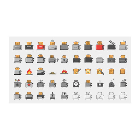 A diverse array of toaster icons rendered in pixel art, featuring various designs, colors, and...