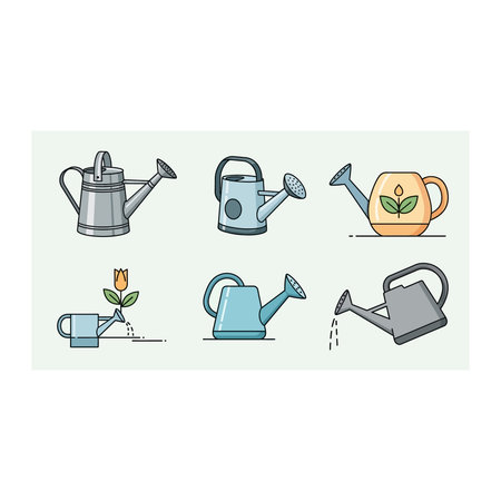 A set of pixel art illustrations featuring various watering cans, perfect for gardening and plant care themed designs.のイラスト素材