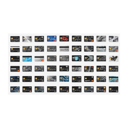 A professional grid layout featuring various dark-themed and premium credit card designs for financial concepts.のイラスト素材