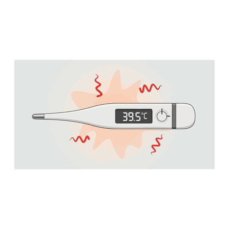 A flat vector illustration of a digital medical thermometer displaying a high body temperature of...