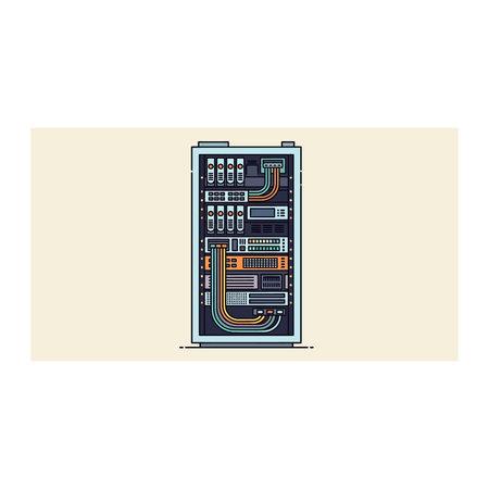 A detailed pixel art style server cabinet or mainframe, representing retro technology, web hosting,...