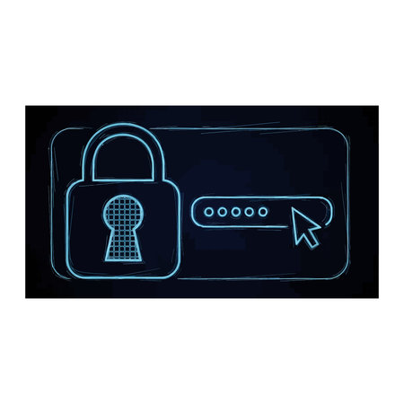 A glowing blue line-art illustration of a padlock and a password input field with a cursor,...