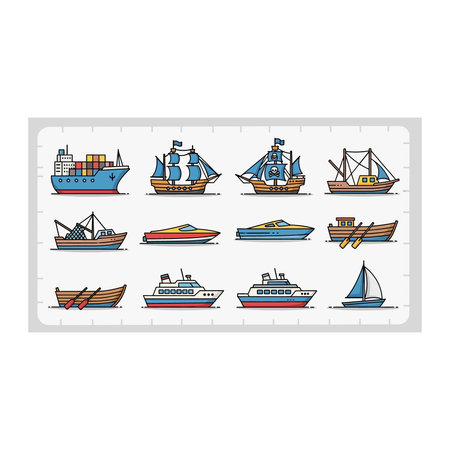A varied assortment of boats and ships, showcasing different types of vessels from cargo ships and sailboats to fishing boats and speedboats.のイラスト素材