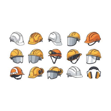 A collection of safety hard hats in multiple colors and designs, alongside ear protection accessories, emphasizing safety measures in construction environments.のイラスト素材