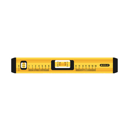 A bright yellow spirit level with clear ruler markings and visible bubble vials, essential for...