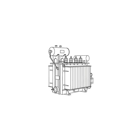 A detailed line art illustration of an industrial power transformer, suitable for technical or...