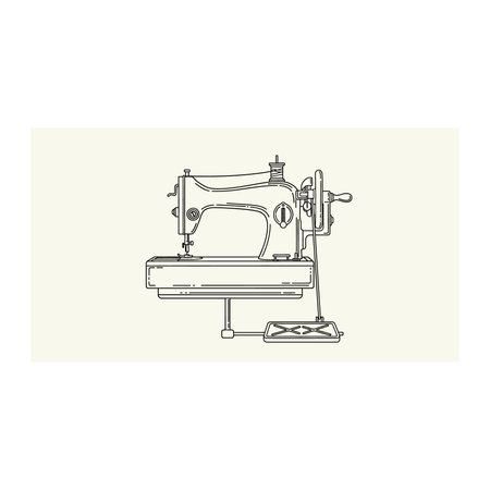 A detailed black and white line drawing illustration of a vintage sewing machine with its foot pedal, evoking a sense of nostalgia and craftsmanship.のイラスト素材