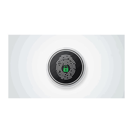 A dark, metallic-style circular icon displaying a stylized fingerprint texture with a central green...