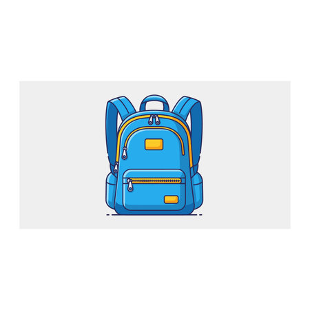 A vibrant, cartoon-style blue school backpack featuring yellow accents and multiple pockets, ready for students or travel adventures.のイラスト素材