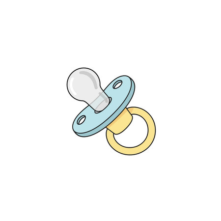 A clean and simple line art drawing of a baby pacifier in soft blue and yellow colors.のイラスト素材