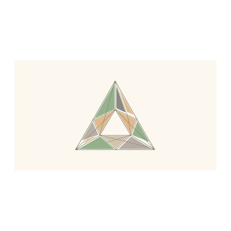 A stylized triangular shape created from several smaller geometric facets in shades of green, beige,...