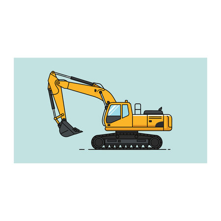 A flat illustration of a yellow excavator with its arm and bucket raised, representing heavy...