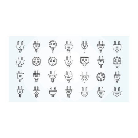 A diverse collection of hand-drawn electric plug icons, showcasing various styles and designs. This...