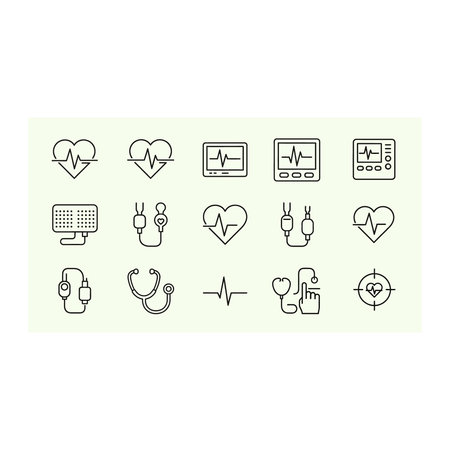 A collection of simple outline icons related to cardiology and healthcare, featuring heartbeat...