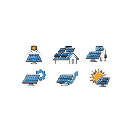A set of distinct icons featuring solar panels in various contexts, symbolizing renewable energy,...