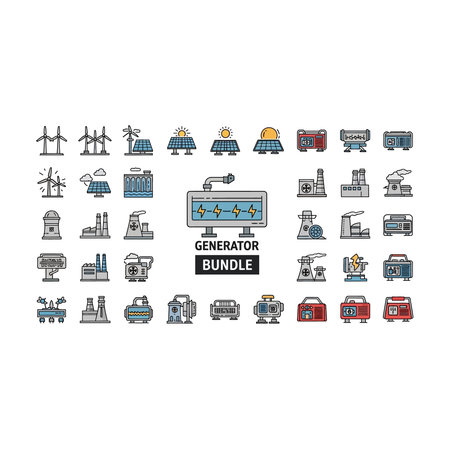 A detailed bundle of pixel art icons featuring wind turbines, solar panels, factories, trucks, and...