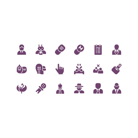 A diverse collection of purple silhouette icons representing various human roles, business concepts,...
