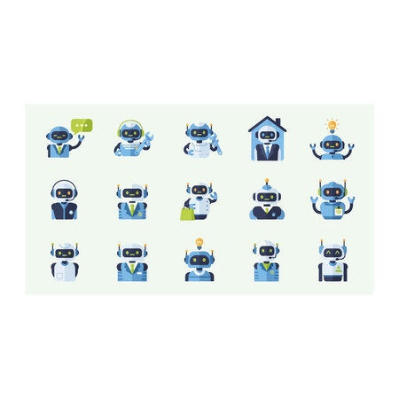 A set of fifteen friendly robot characters and mascots representing different concepts like smart...
