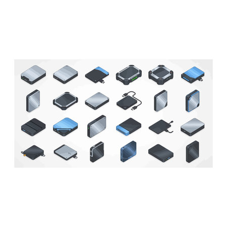 A versatile collection of isometric icons depicting various hard drives and data storage devices,...